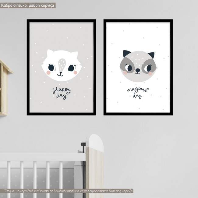 Kids canvas print Newborn Fox and Raccoon, diptych