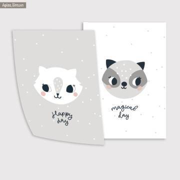 Kids canvas print Newborn Fox and Raccoon, diptych 2