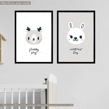 Kids canvas print Newborn Deer and Bunny, diptych