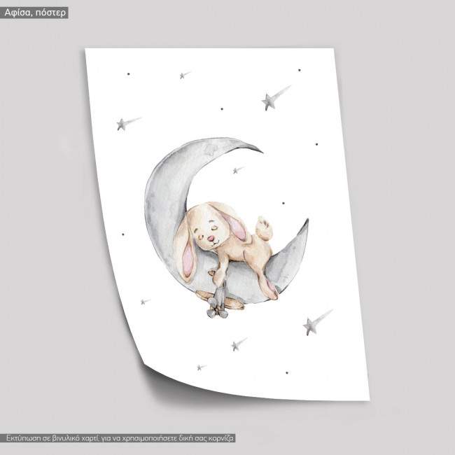 Cute bunny sleeping on the grey moon, poster