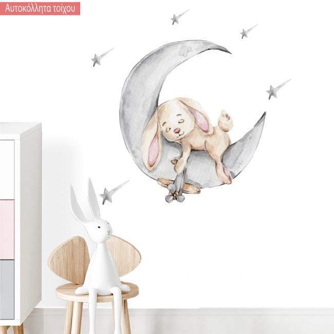 Αυτοκόλλητα τοίχου Cute bunny sleeping on the grey moon