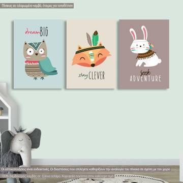 Πίνακας παιδικός σε καμβά The great adventurer, τρίπτυχος καμβάς τελαρωμένος 