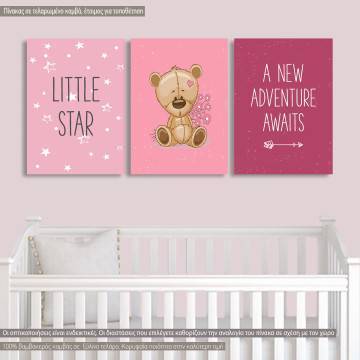 Kids canvas print Little star, new adventure, girl bear,3 panels