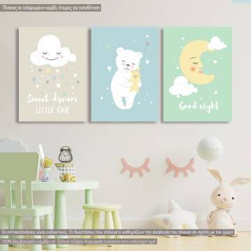 Πίνακας σε καμβά Sweet dreams Αρκουδάκι, τρίπτυχος, καμβάς τελαρωμένος 1