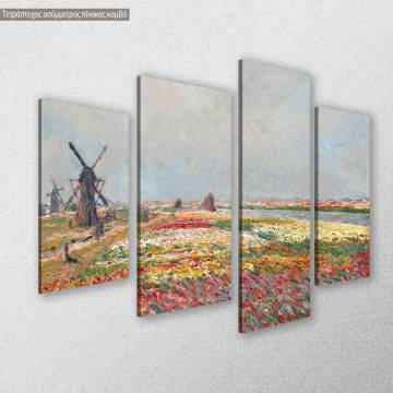 Canvas print Tulip fields with windmill, Monet C, four panels 2