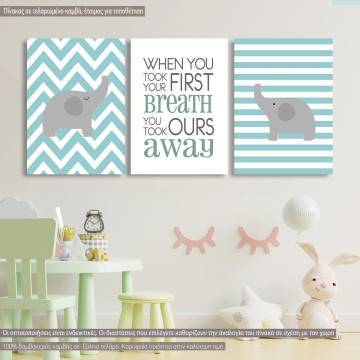 Πίνακας σε καμβά Ελεφαντάκι first breath, τρίπτυχος, καμβάς τελαρωμένος 1α