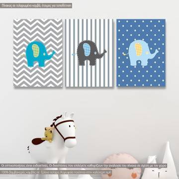 Πίνακας παιδικός σε καμβά Ελεφαντάκια, τρίπτυχος, καμβάς τελαρωμένος 1
