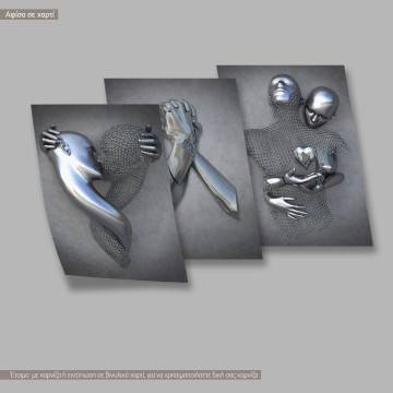 Love 3d grayscale, κάδρο, μαύρη κορνίζα, τρίπτυχο 2