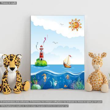 Kids canvas print Ship at sea and fun fish