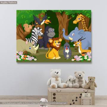 Πίνακας παιδικός σε καμβά Χαρούμενα ζωάκια στη ζούγκλα, καμβάς τελαρωμένος