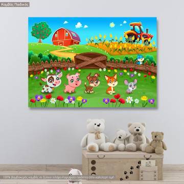 Πίνακας παιδικός σε καμβά Ζωάκια στο αγρόκτημα, καμβάς τελαρωμένος