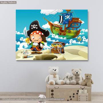 Πίνακας παιδικός σε καμβά The pirates, treasure hunt, καμβάς τελαρωμένος