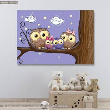 Πίνακας παιδικός σε καμβά Οικογένεια κουκουβάγιες, καμβάς τελαρωμένος