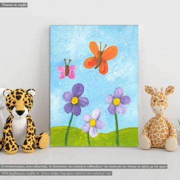 Πίνακας παιδικός σε καμβά Λουλούδια και πεταλούδες, καμβάς τελαρωμένος