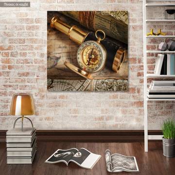 Canvas print Vintage compass, telescope and map