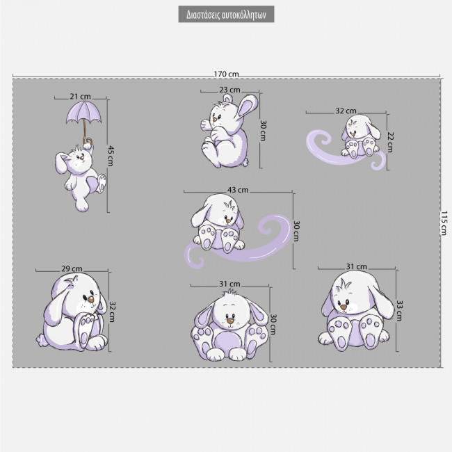 Αυτοκόλλητα τοίχου παιδικά Κουνελάκια παντού μοβ, μεγάλη συλλογή