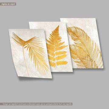 Leaves in gold, κάδρο, μαύρη κορνίζα, τρίπτυχο 2
