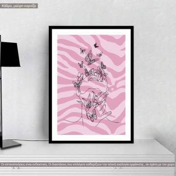 Butterflies in pink tiger print, κάδρο, μαύρη κορνίζα