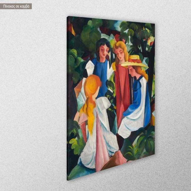 Πίνακας ζωγραφικής Four girls, Macke A, αντίγραφο σε καμβά, κοντινό. Διαθέσιμο και σε κάδρο μαύρη κορνίζα, λευκή κορνίζα, ξύλινη κορνίζα, αφίσα, πόστερ