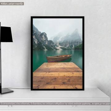 Green lake, white mountain and a boat, poster