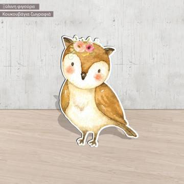 Κουκουβάγια watercolor, ξύλινη φιγούρα εκτυπωμένη