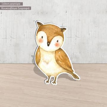 Wooden figure printed Owl watercolor 2