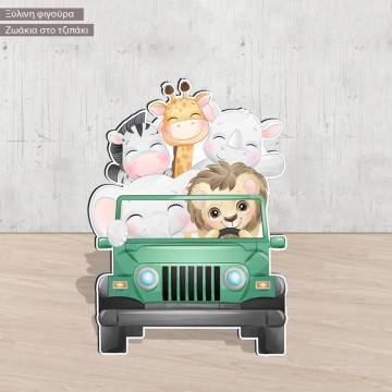 Wooden figure printed Cute little animals driving a car