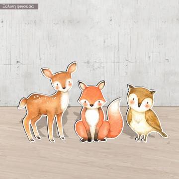 Wooden printed forest animals watercolor deer fox owl