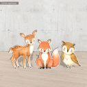 Wooden printed forest animals watercolor deer fox owl