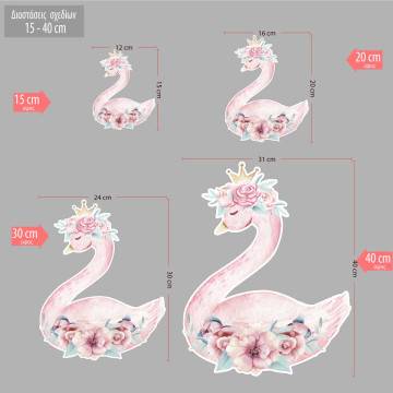 Wooden figure printed pink swan with flowers 2