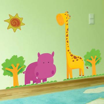 Αυτοκόλλητα τοίχου παιδικά Ιπποπόταμος, καμηλοπάρδαλη,  Happy Hippo & Giraffe