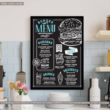 Burger menu template, κάδρο, μαύρη κορνίζα