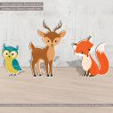 Wooden printed forest animals deer fox owl 