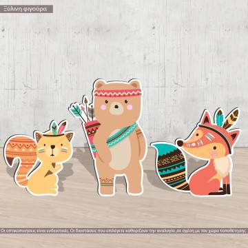 Wooden figure printed Tribal  Fox,  bear squirell 2
