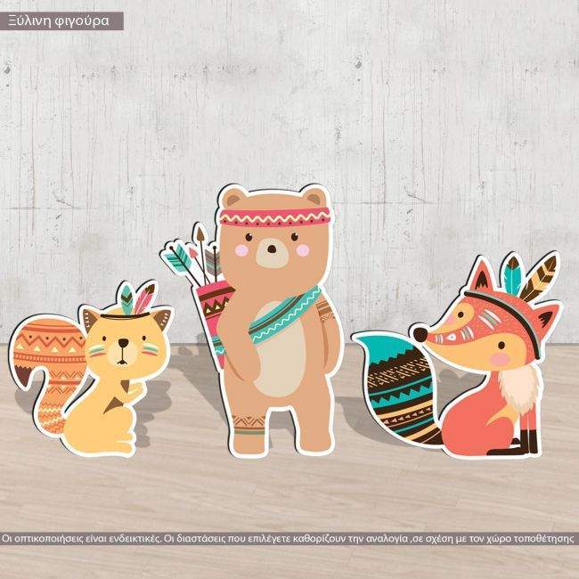 Wooden figure printed TribalFox,bear squirell