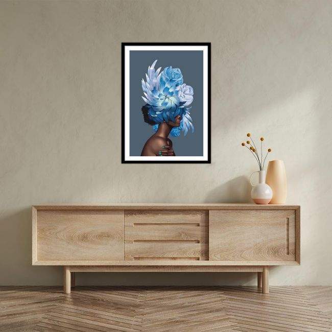 Πίνακας σε καμβά Inner Beauty, cyan blossom, κάδρο, μαύρη κορνίζα, μακρινό