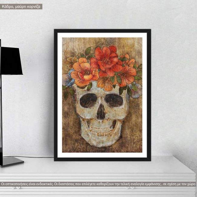 Skull and flowers, αφίσα, κάδρο, μαύρη κορνίζα