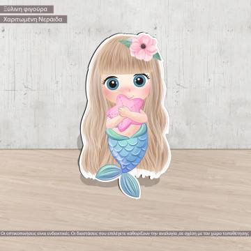 Wooden decorative figure printedCute Mermaid holding a star