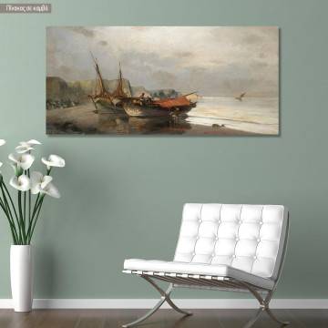 Canvas print Fishing boats along shore, Volanakis panoramic