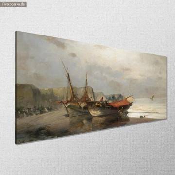 Canvas print Fishing boats along shore Volanakis panoramic Framed canvas View 1 2