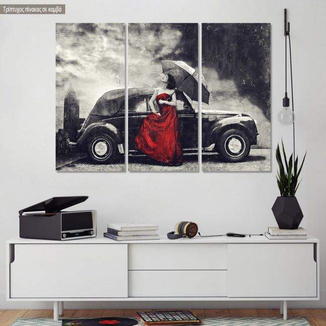 Canvas print Red lady vintage impasto,3 panels