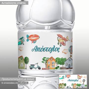 Sticker label world travel airplanes and vespa