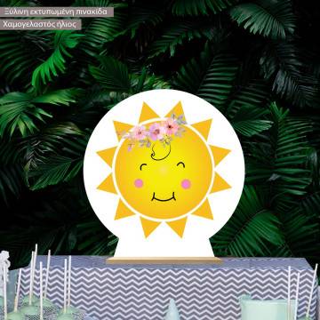 Wooden Cany bar sign, Smiley sun and flowers, boy