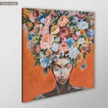 Πίνακας σε καμβά  Flowered woman on orange, τετράγονος  2