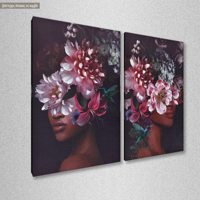 Flowered woman on purple, two panels