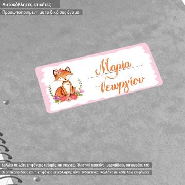 School Stickers labels watercolor flowers fox personalized