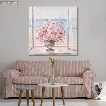 Canvas print Pink roses in a vase by the window