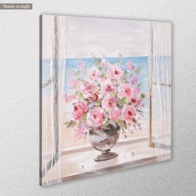 Canvas print Pink roses in a vase by the window