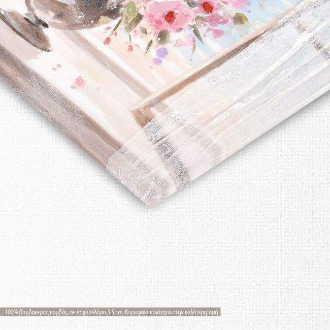 Canvas print Pink roses in a vase by the window