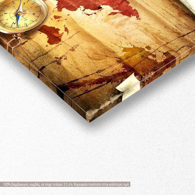 Πίνακας σε καμβά Old map with compass, πανοραμικός, λεπτομέρεια